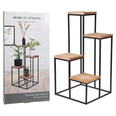 Home and Styling Flower-Plant Pot Stand Natural and Black 34cm x 67cm x 34cm 148847 | Bloempothouder | With 4 Shelves | Indoor and Outdoor | Ample Space