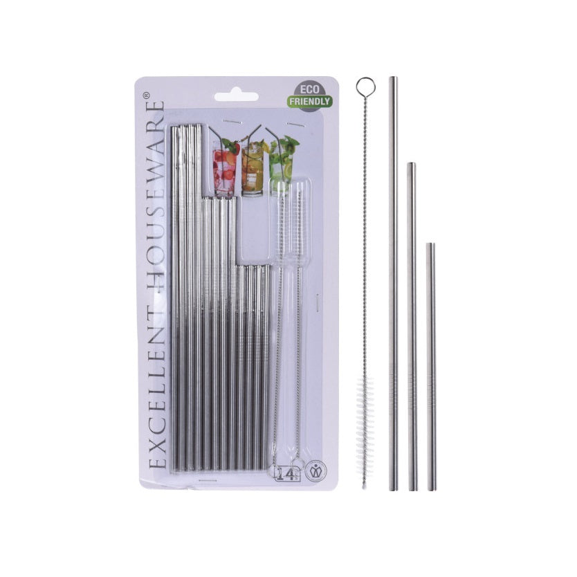 Excellent Houseware Drinking Straws Silver Pack of 14 146051 | Straws with Brush | Stainless Steel | Eco-friendly | 12 Straws and 2 Brush