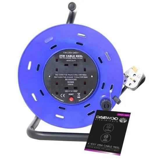 Daewoo 4 Way Socket Extension Reel Cable Black and Blue 25Mtr EXT1088