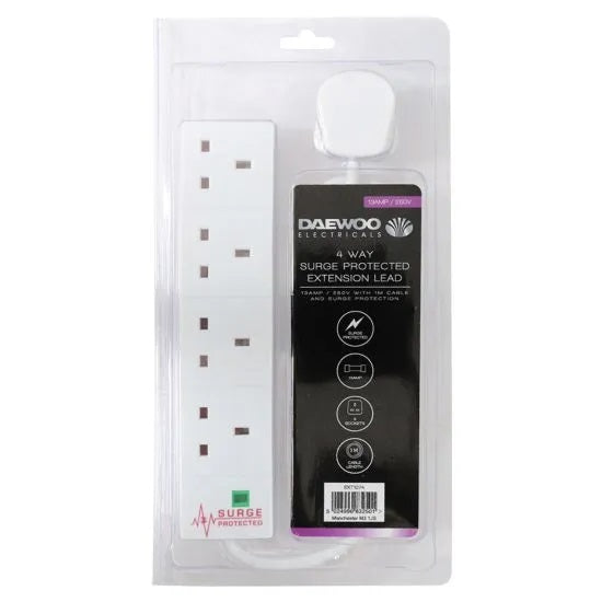 Daewoo 4 Way Surge Protected Extension Lead White 3Mtr EXT1075