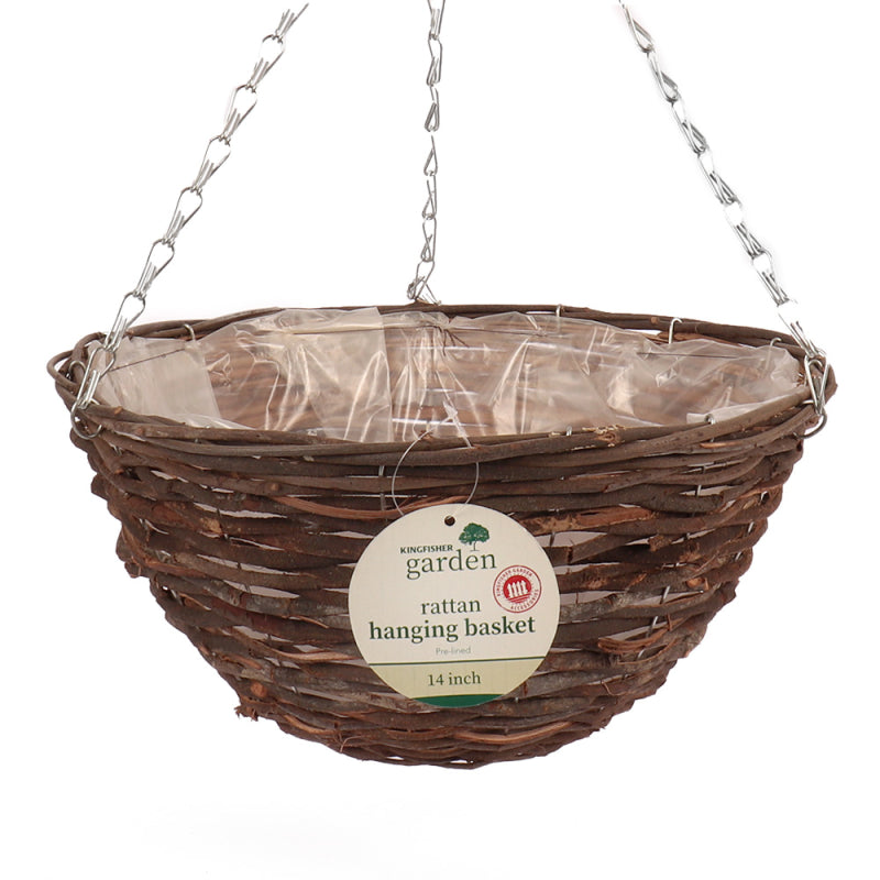 Kingfisher Garden Rattan Hanging Basket Dark Brown 14-Inch HB14R | Pre-Lined Planter with Chain | Natural Woven Design for Outdoor and Indoor Use