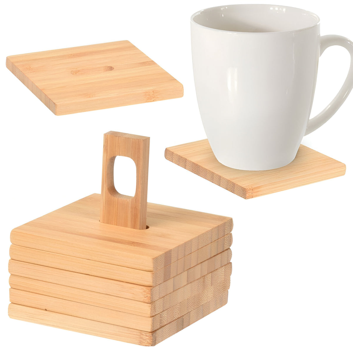 Excellent Houseware Bamboo Coaster Set with Holder Brown 9cm x 9cm Pack of 6 041558