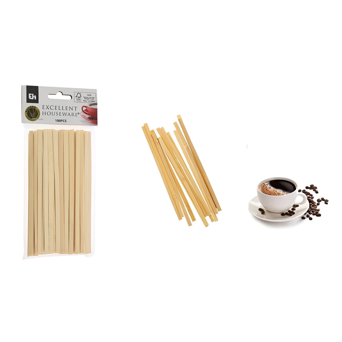 Excellent Houseware Bamboo Coffee Stirrers Sticks Brown Pack of 100 050214