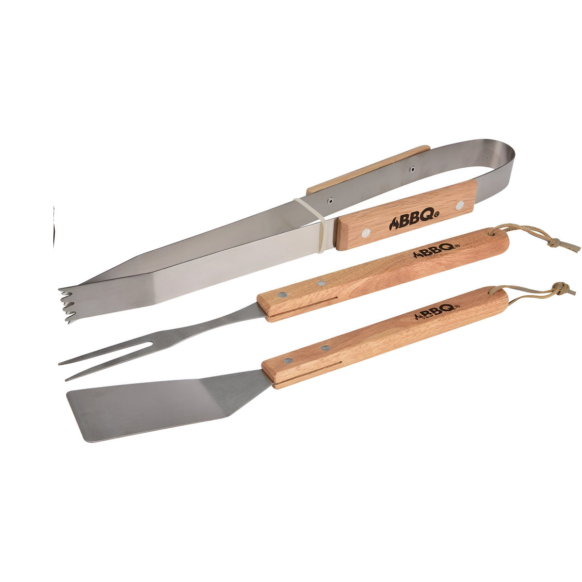 BBQ Barbecue Utensils with Wooden Handle Stainless Steel Set of 3 124866