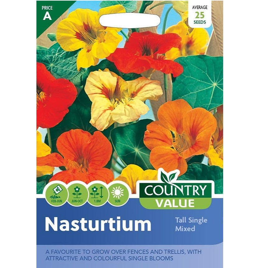 Country Value Nasturtium Tall Single Mixed Assorted Pack of 25 Seeds