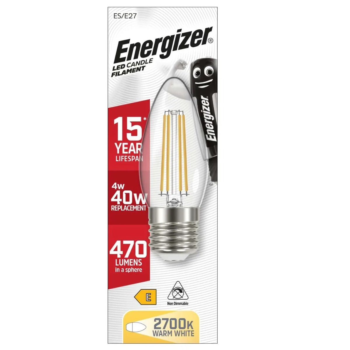 Energizer Candle Filament E27 LED Lamp Warm White 4W S12870
