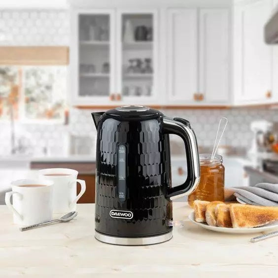 Daewoo Honeycomb Cordless Kettle Black 1.7Ltr SDA2602 | 3KW Fast Boil | 360 Degree Swivel Base | Removable Filter | Auto Shut Off | Power Indicator