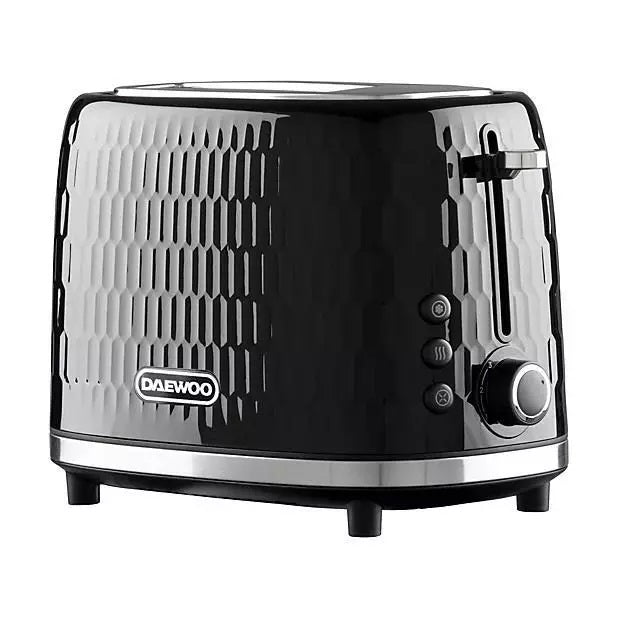 Daewoo Honeycomb 2 Slice Toaster with High Lift Lever Black SDA2605 | Defrost | Reheat | Cancel Function | Browning Control | Removable Crumb Tray | 950W Power