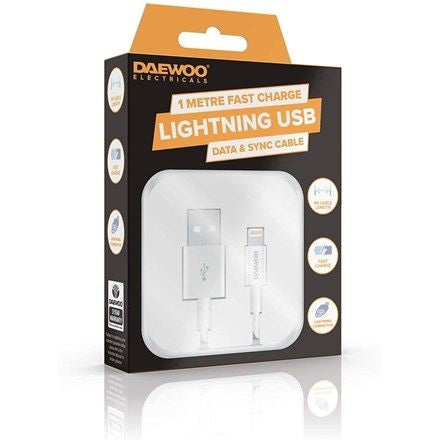 Daewoo Fast Charge Lightning USB Data and Sync Cable White 1Mtr ELA1341 | Power 5V 2.1A