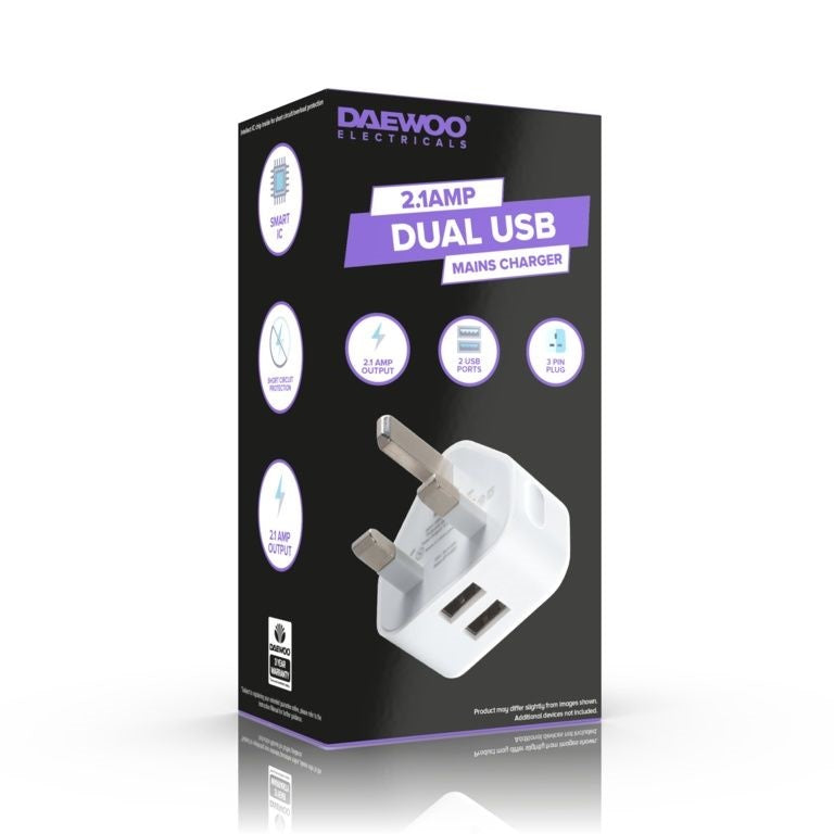 Daewoo 2.1Amp Dual USB Mains Charger White ELA1355 | Smart IC | Short Circuit Protection | 2 USB Ports | 3 Pin Plug