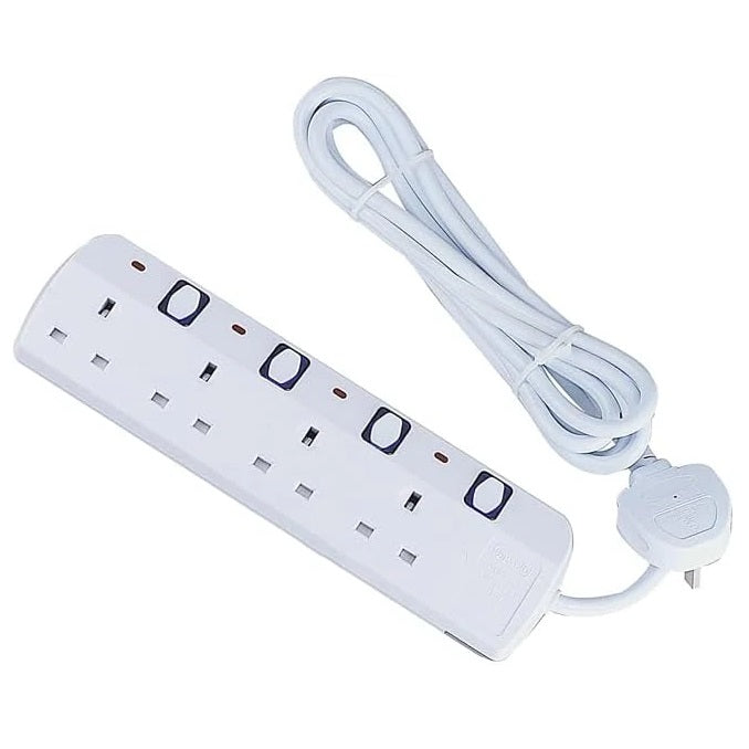 Daewoo 4 Way Extension Lead with Individually Switched Sockets White 2Mtr EXT1055 | 13Amp Fuse | 4 Sockets