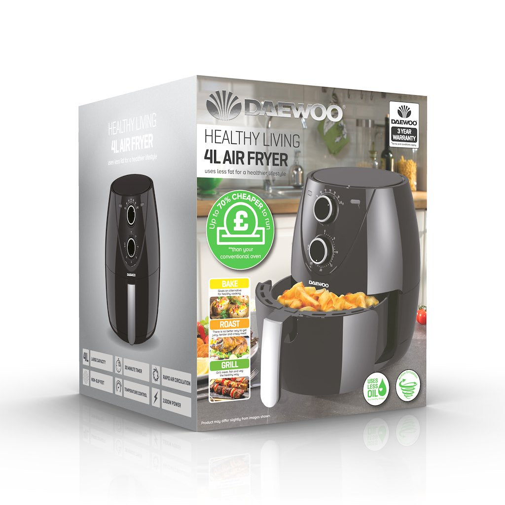 Daewoo Healthy Living Air Fryer Black 4Ltr SDA2636 | Large Capacity | 30 Minute Timer | Rapid Air Circulation | Non Slip Feet | Temperature Control | 1500W Power