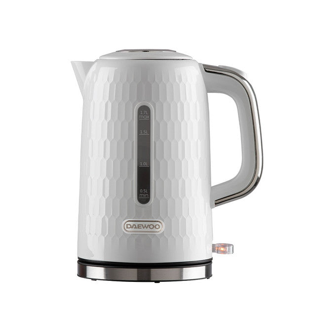 Daewoo Honeycomb Collection Jug Kettle White 1.7Ltr SDA2600 | 3KW Fast Boil | 360 Degree Swivel Base | Removable Filter | Auto Shut Off | Power Indicator | Water Level Gauge | Easy To Use | Gloss Finish Body