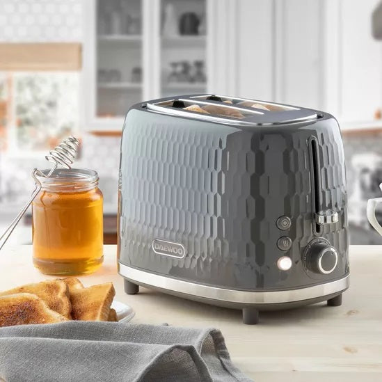 Daewoo Honeycomb Collection 2 Slice Toaster 950W Grey SDA2604 | With High Lift Lever | Removable Crumb Tray | Defrost | Reheat | Browning Control | Gloss Finish Body | 3D Texture
