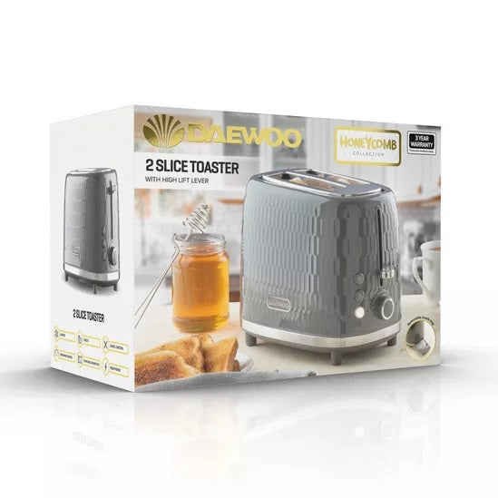 Daewoo Honeycomb Collection 2 Slice Toaster 950W Grey SDA2604 | With High Lift Lever | Removable Crumb Tray | Defrost | Reheat | Browning Control | Gloss Finish Body | 3D Texture