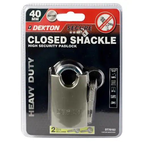 Dekton Heavy Duty Closed Shackle Padlock Satin Silver 40mm DT70163 | Anti Bolt Cutter | 2 Keys Included
