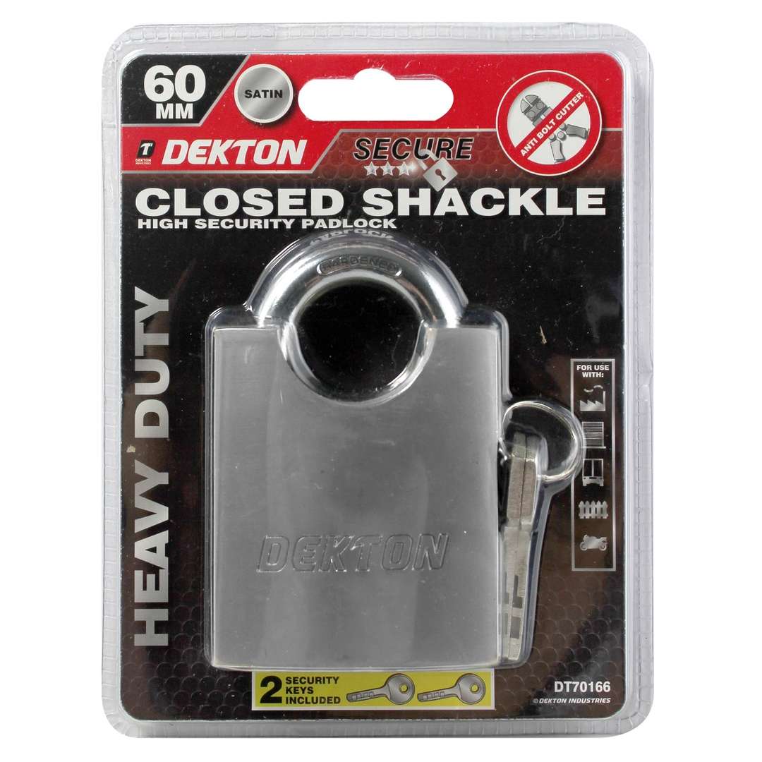 Dekton Heavy Duty Closed Shackle Padlock Satin Silver 60mm DT70166 | Anti Bolt Cutter | 2 Keys Included
