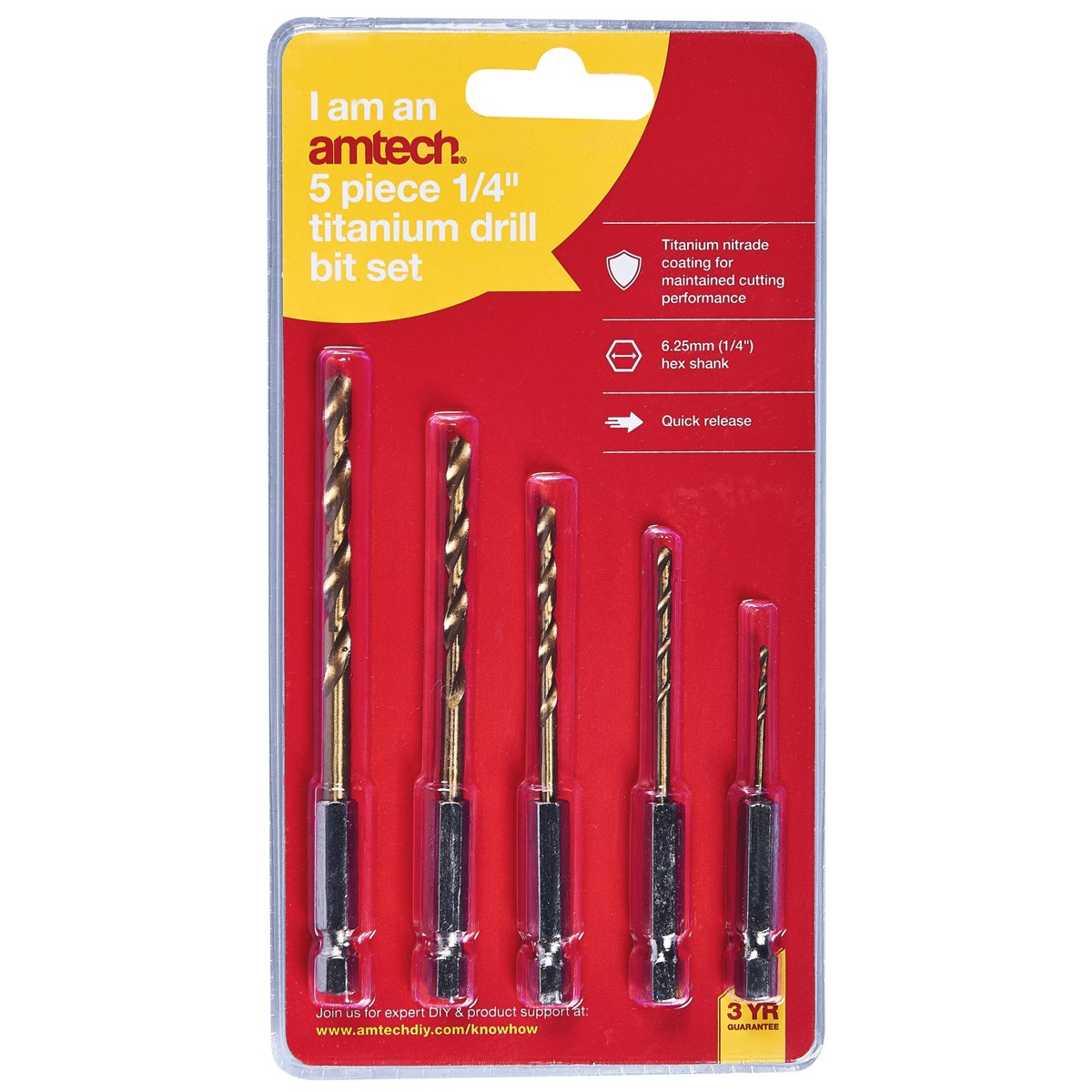 Amtech Titanium Drill Bit Set 1-4-Inch Pack of 5 F1110 | 6.25mm Hex Shank | Quick Release | Titanium Nitride Coating for Maintained Cutting Performance