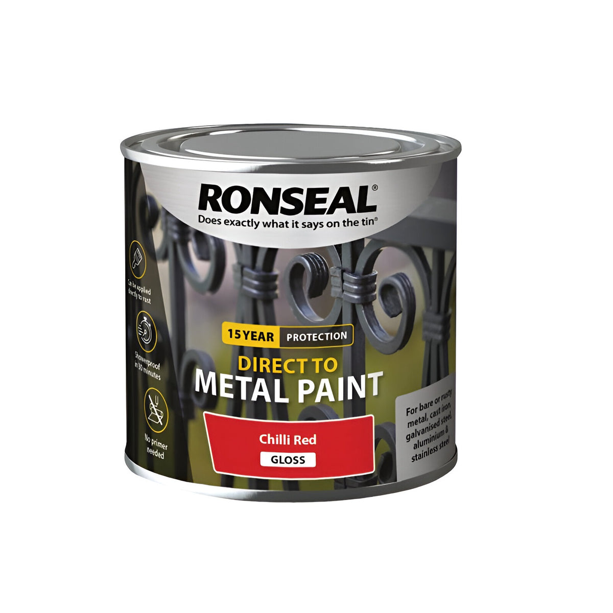 Ronseal Direct to Metal Paint Chilli Red Gloss 250ml 39193 | Water Based Paint | Tough and Durable Finish | Showerproof in 30 Minutes | No Primer Needed | For Bare or Rusty Metal | Cast Iron-Galvanised Steel-Aluminium and Stainless Steel