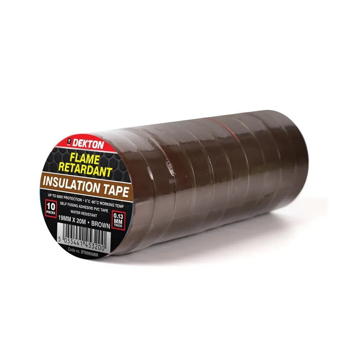 Dekton Flame Retardant Insulation Tape Brown 19mm x 20Mtr Pack of 10 DT90856BR | 0.13mm Thick | Water Resistant | Self Fusing Adhesive PVC Tape | Up To 600V Protection | 0 Degree Celcius To -80 Degree Celcius Working Temp