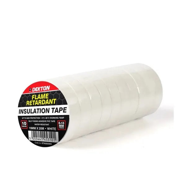 Dekton Flame Retardant Insulation Tape White 19mm x 20Mtr Pack of 10 DT90856WH | 0.13mm Thick | Water Resistant | Self Fusing Adhesive PVC Tape | Up To 600V Protection | 0 Degree Celcius To -80 Degree Celcius Working Temp
