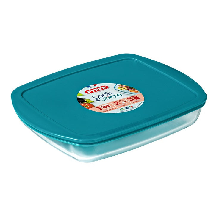 Pyrex Cook and Store Rectangular Glass Dish with Lid Blue 28cm x 20cm x 5cm 1.6Ltr 217P000