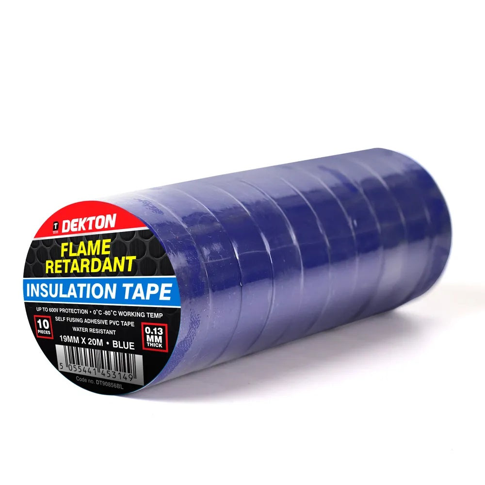 Dekton Flame Retardant Insulation Tape Blue 19mm x 20Mtr Pack of 10 DT90856BL | 0.13mm Thick | Water Resistant | Self Fusing Adhesive PVC Tape | Up To 600V Protection | 0 Degree Celcius To -80 Degree Celcius Working Temp