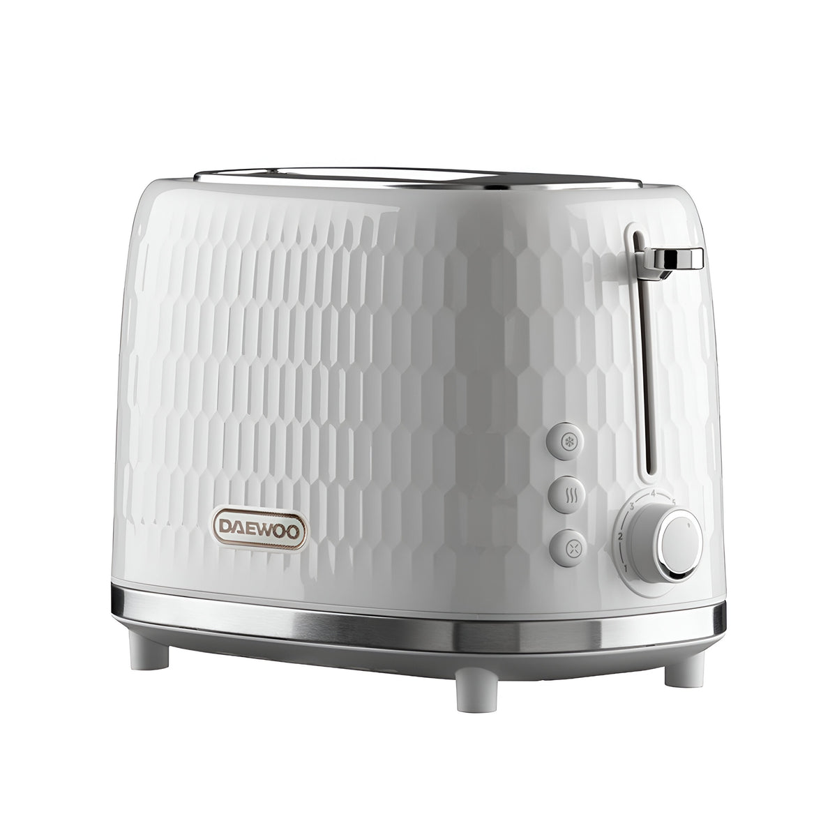 Daewoo 2 Slice Honeycomb Toaster with High Lift Lever White-Chrome Power - 950W SDA2603 | Defrost | Reheat | Cancel Function | Browning Control | Removable Crumb Tray
