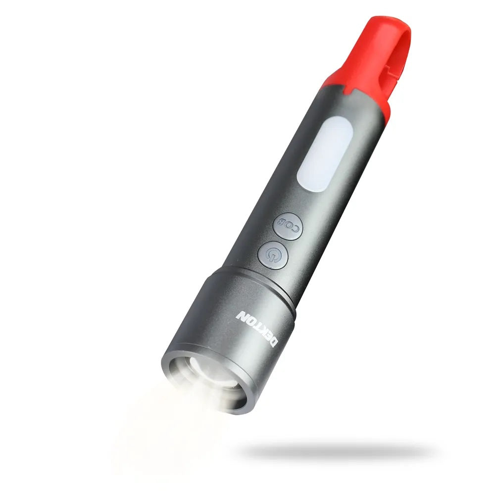 Dekton Multifunction Flashlight Grey DT50569 | Rechargeable Torch With 4 Colour Filters | 100Mtr Beam | 9 Modes | Size Cob Light | Type-C USB | Easy Focus | 600 Lumens | Carabiner Clip