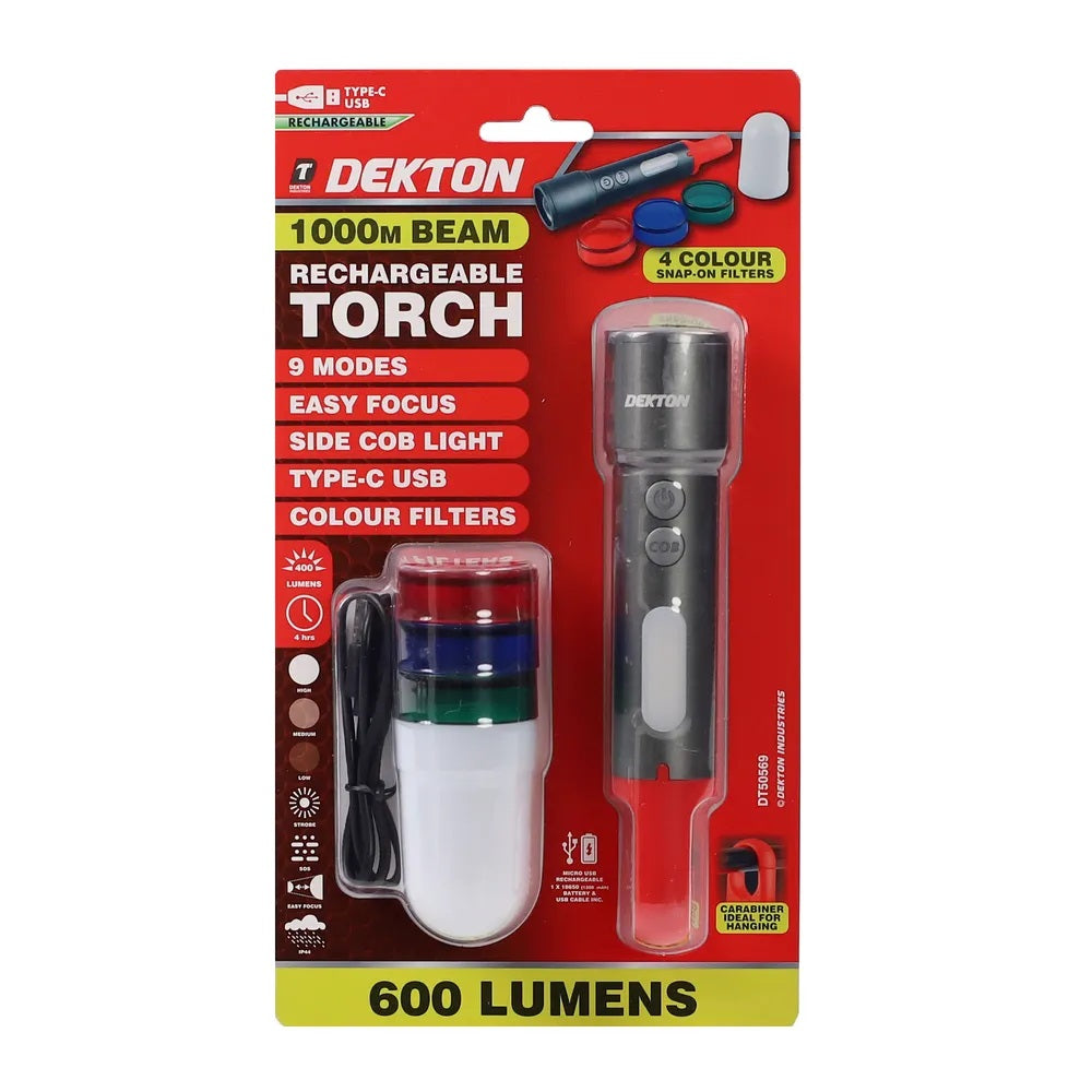 Dekton Multifunction Flashlight Grey DT50569 | Rechargeable Torch With 4 Colour Filters | 100Mtr Beam | 9 Modes | Size Cob Light | Type-C USB | Easy Focus | 600 Lumens | Carabiner Clip