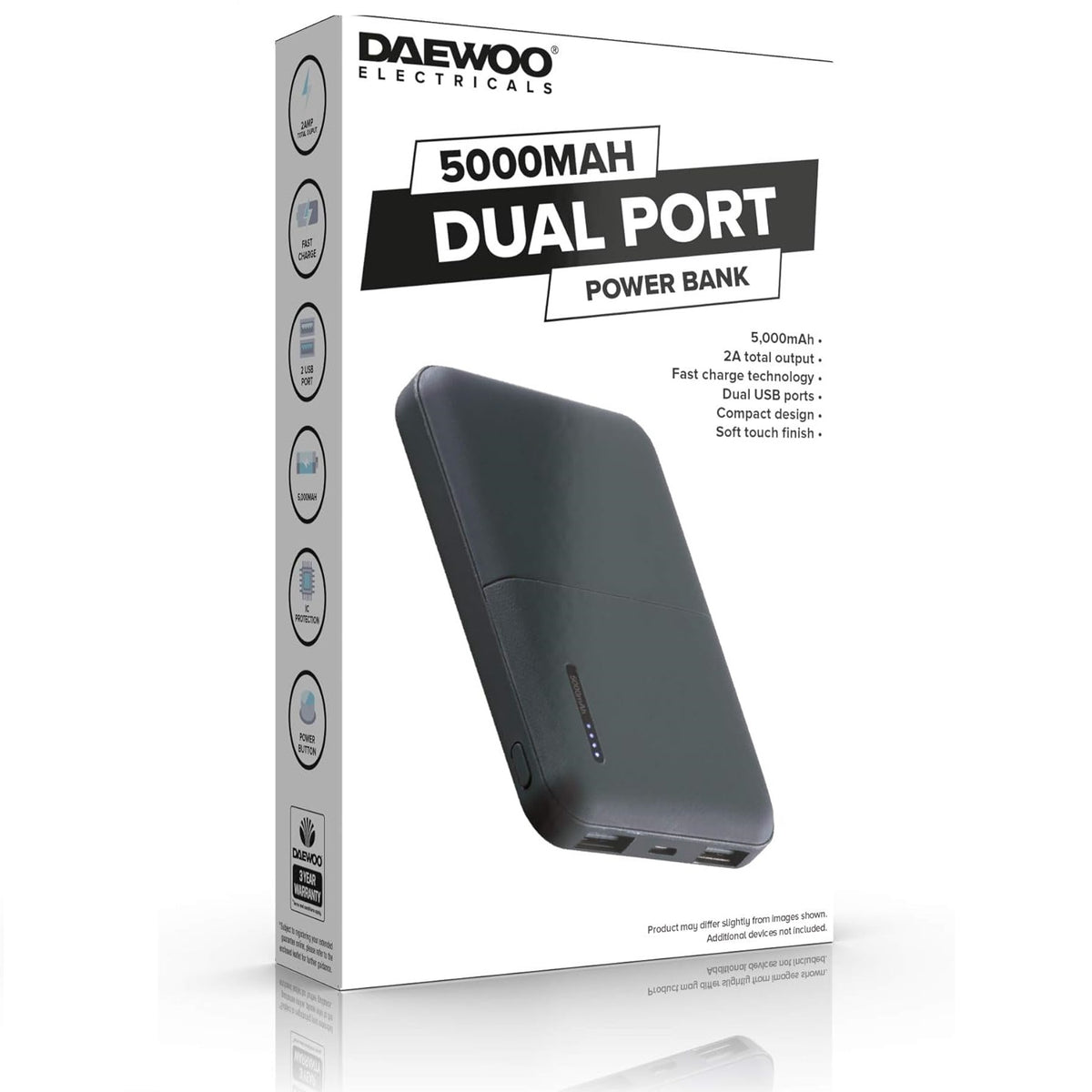 Daewoo Dual Port Power Bank Black CT005068 | 5000mAh | 2.0A Total Output | Fast Charge | Dual USB A Ports | C-Type In and Out Port | Compact Design | Soft Touch Finish | IC Protection | Power Button | For Phone | Tablet | Gadget