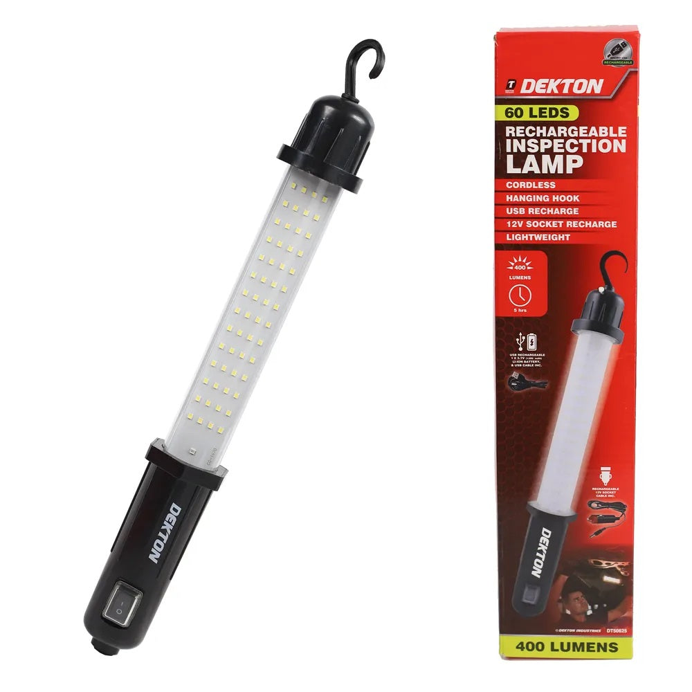 Dekton Rechargable Inspection Lamp Black 42cm x 6cm x 6cm DT50625 | Cordless | Hanging Hook | USB Recharge | 12V Socket Recharge | Lightweight | 400 Lumens | Runtime - 5Hr