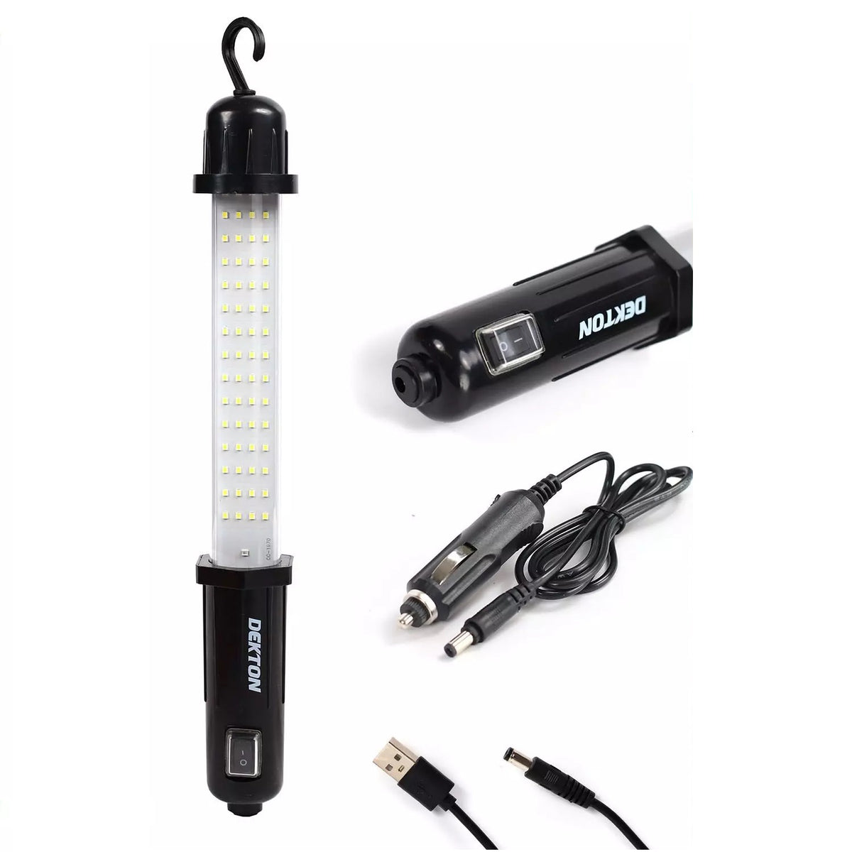 Dekton Rechargable Inspection Lamp Black 42cm x 6cm x 6cm DT50625 | Cordless | Hanging Hook | USB Recharge | 12V Socket Recharge | Lightweight | 400 Lumens | Runtime - 5Hr