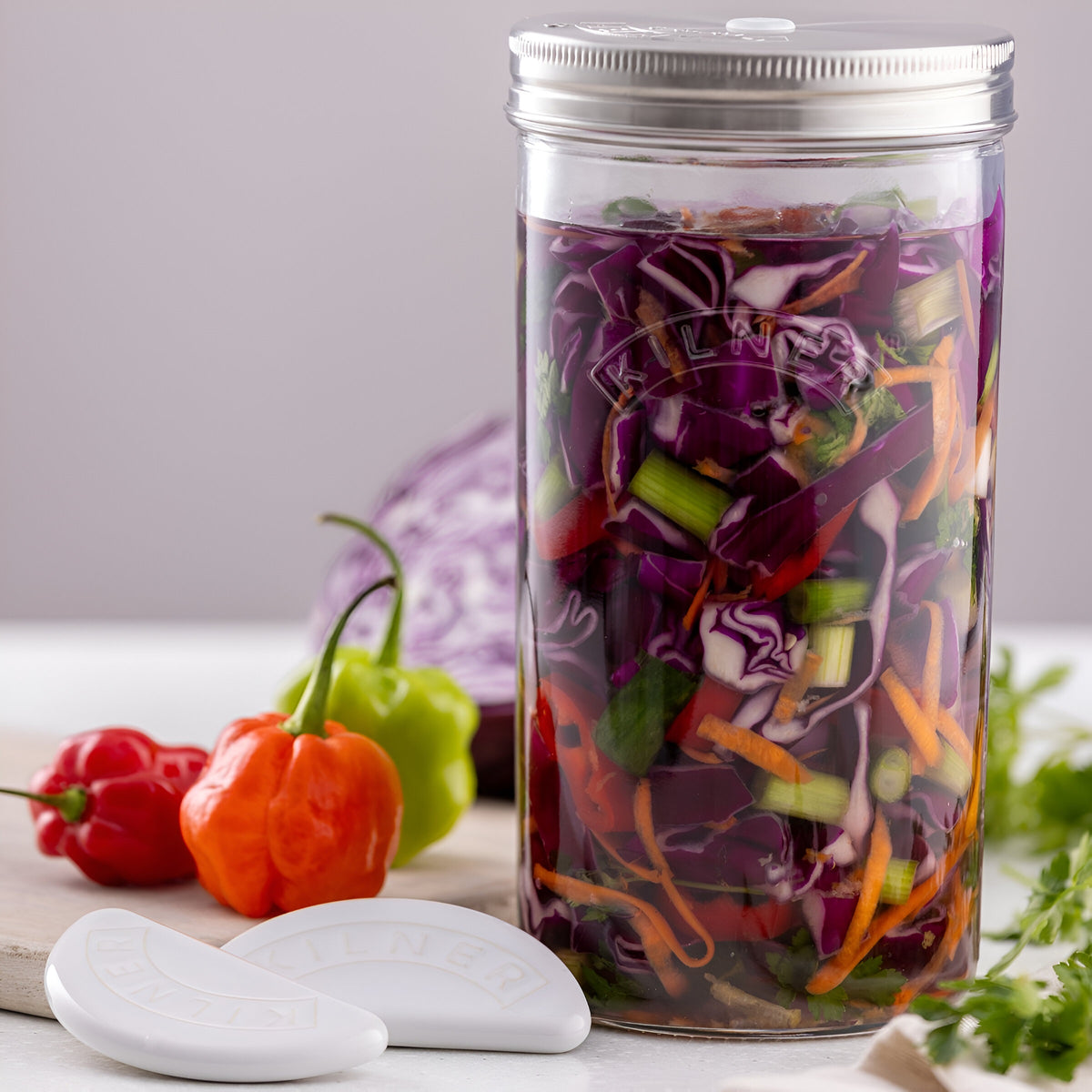 Kilner Glass Fermentation Set Clear 1Ltr 0025.083 | High Quality Sodalime Glass | Ideal for Creating Sauerkraut - Pickles - Kimchi and Much More | Easy to Use