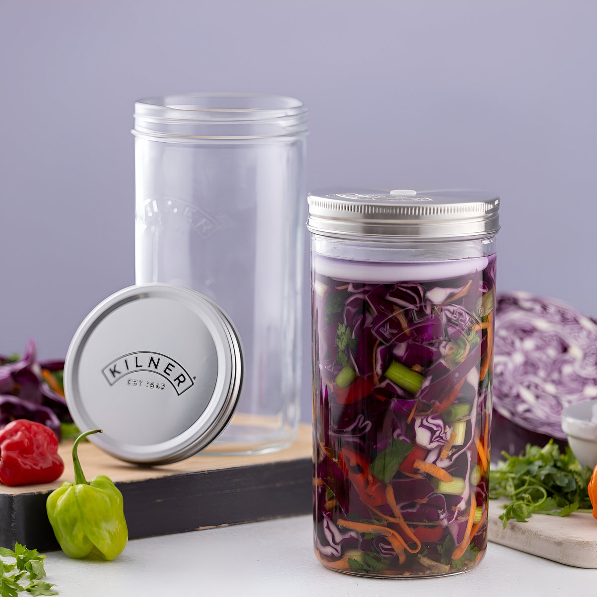 Kilner Glass Fermentation Set Clear 1Ltr 0025.083 | High Quality Sodalime Glass | Ideal for Creating Sauerkraut - Pickles - Kimchi and Much More | Easy to Use