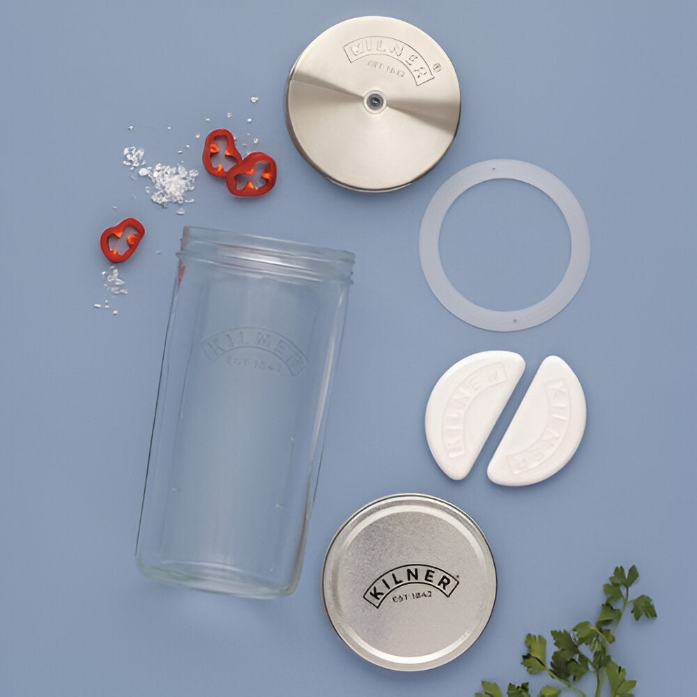 Kilner Glass Fermentation Set Clear 1Ltr 0025.083 | High Quality Sodalime Glass | Ideal for Creating Sauerkraut - Pickles - Kimchi and Much More | Easy to Use