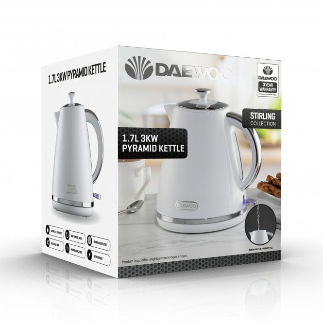 Daewoo Stirling Pyramid Kettle White 1.7Ltr SDA2623 | 3KW Power| Removable Lid | Elegant Design | Removable Filter | Water Level Gauge | Built-In Safety Features | 360 Degree Swivel Base | Power Indicator | Auto Shut-Off