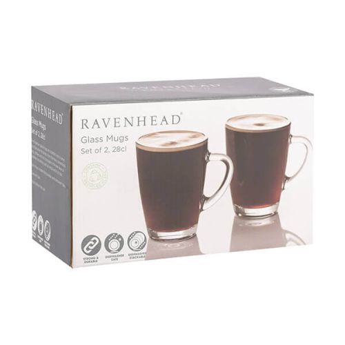 Ravenhead Glass Mugs Transparent 280ml 8cm x 10.5cm x 10.5cm Pack of 2 0041.606 | Strong | Durable | Dishwasher Safe | Dishwasher Stackable