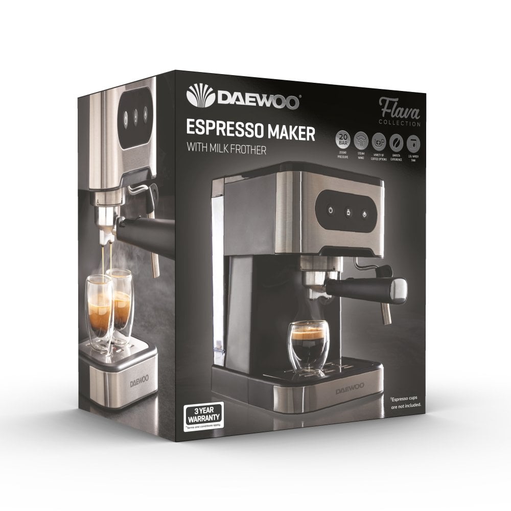 Daewoo Espresso Coffee Maker with Milk Frother Black 30cm x 20.5cm x 27.4cm SDA2698 | Flava Collection | 20 Bar Pressure | Steam Wand | Barista Experince | 1.5Ltr Water Tank