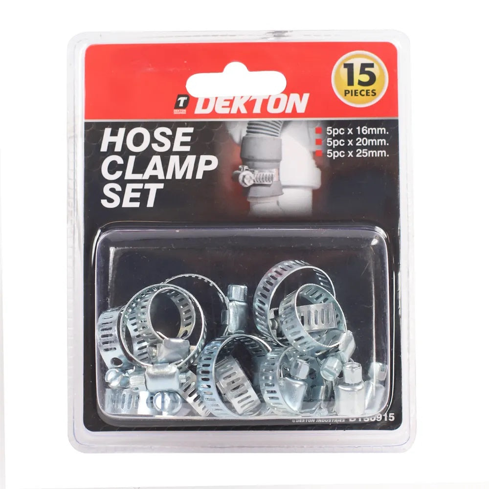 Dekton Hose Clip Set Silver Pack of 15 DT30915 | Worm Gear Type | 16mm | 20mm | 25mm