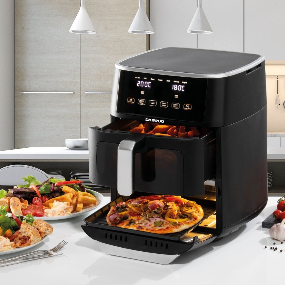 Daewoo Space Saving Split Drawer Air Fryer Black 40.5cm x 32.6cm x 43cm 11Ltr SDA2622 | Large 6Ltr Drawer and 5Ltr oven | Dual Air Fryer Technology | Timer and Shake Setting | 7 Preset Cooking Functions | 1700W Power | Sync Finish | Bake | Roast | Grill