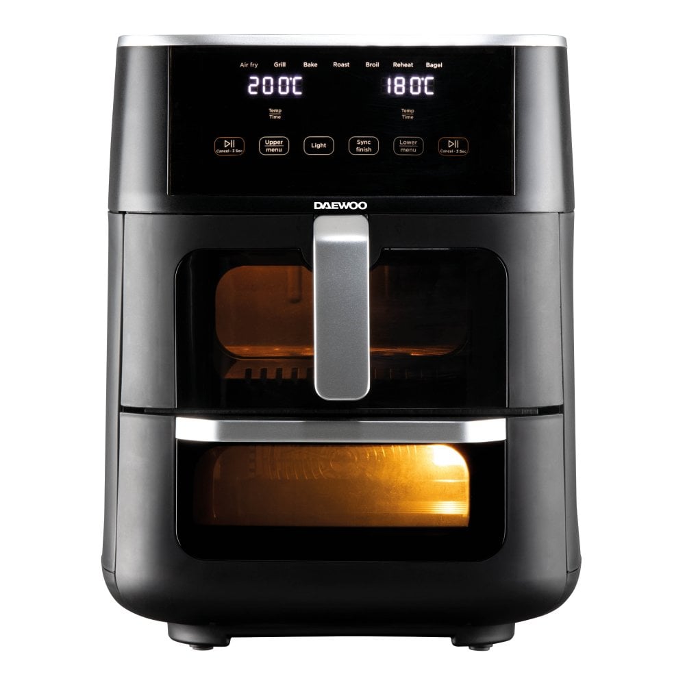 Daewoo Space Saving Split Drawer Air Fryer Black 40.5cm x 32.6cm x 43cm 11Ltr SDA2622 | Large 6Ltr Drawer and 5Ltr oven | Dual Air Fryer Technology | Timer and Shake Setting | 7 Preset Cooking Functions | 1700W Power | Sync Finish | Bake | Roast | Grill