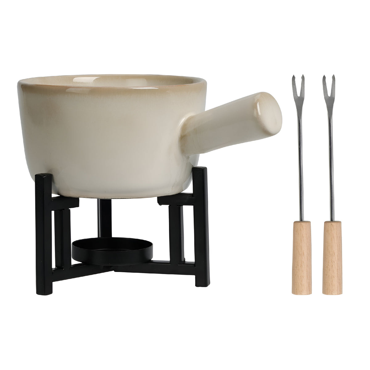 Excellent Houseware Porcelain Fondue Set Beige/Black Pan -17.5cm x 12cm x 7.5cm - Holder - 12.5cm x 8cm Pack of 4 152019