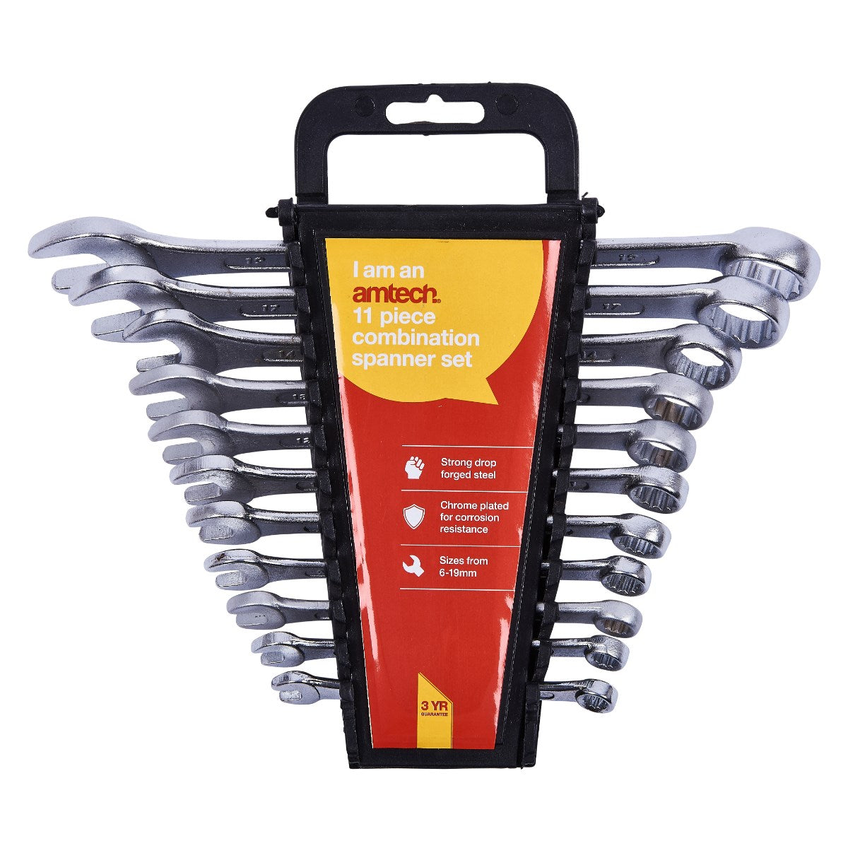 Amtech Combination Spanner Set with Rack Silver Pack of 11 K0425 | Strong Drop Forged Steel | Chrome Plated for Corrosion Resistance | Sizes from 6mm-19mm