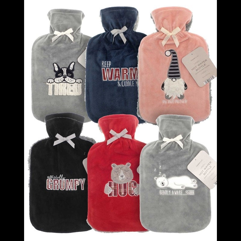 Country Club Hot Water Bottle with Plush Cover Assorted Pack of 1 HWB241796 | 100 Percent Polyester Cover | Bottle is Made of Natural Rubber | Rubber Conforming to BS1970 2012