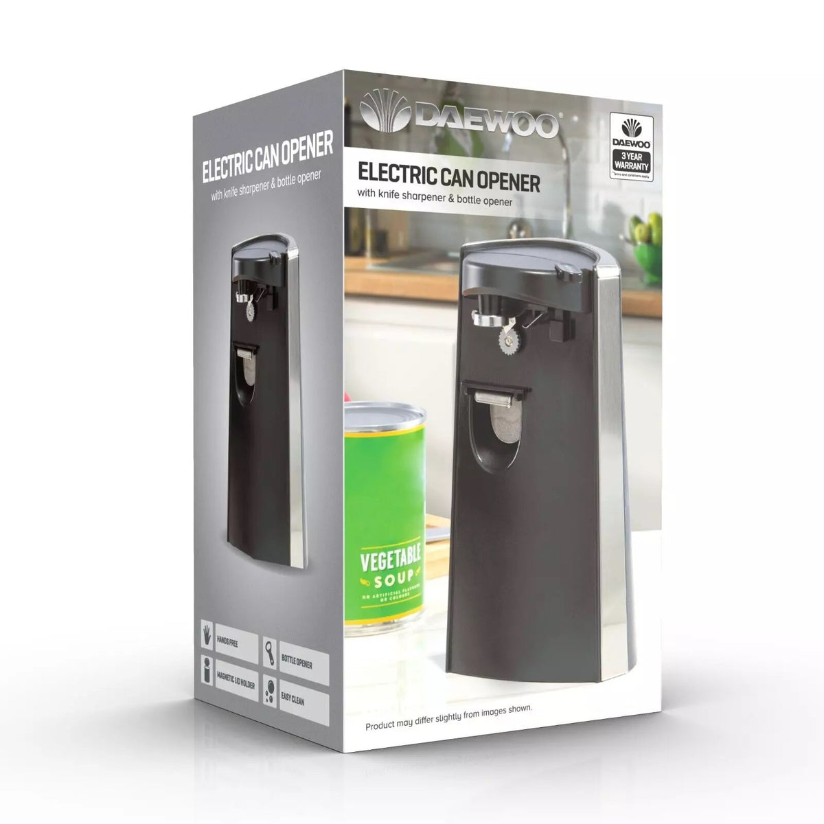 Daewoo Electric Tin Can Opener With Sharpener Black SDA2313 | Bottle Opener | Hands Free Easy Can Opener | Magnetic Lid Holder | Easy Clean