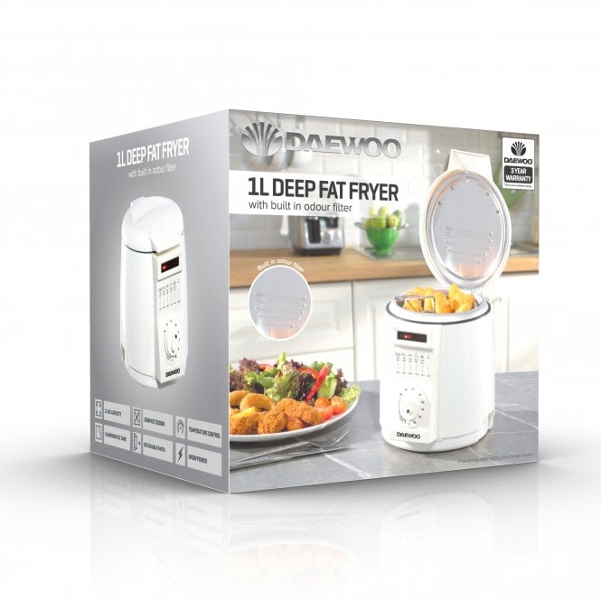 Daewoo Mini Deep Fat Fryer White 1Ltr SDA2324 | Compact Design | Temperature Control | Aluminium Oil Tank | Detachable Parts | 840W Power | Odour Filter