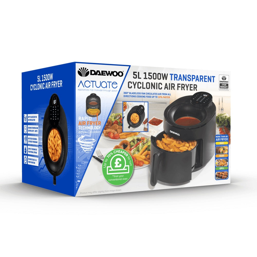 Daewoo Cyclonic Air Fryer with Window Black 45.5cm x 29cm x 28.3cm 5Ltr SDA2675 | 1500W | Rapid Air Fryer Technology | Full Glass Viewing | Versatile Cooking | 360 Degree Bladeless Fan Air Circulation | One Touch Cooking | Timer Function