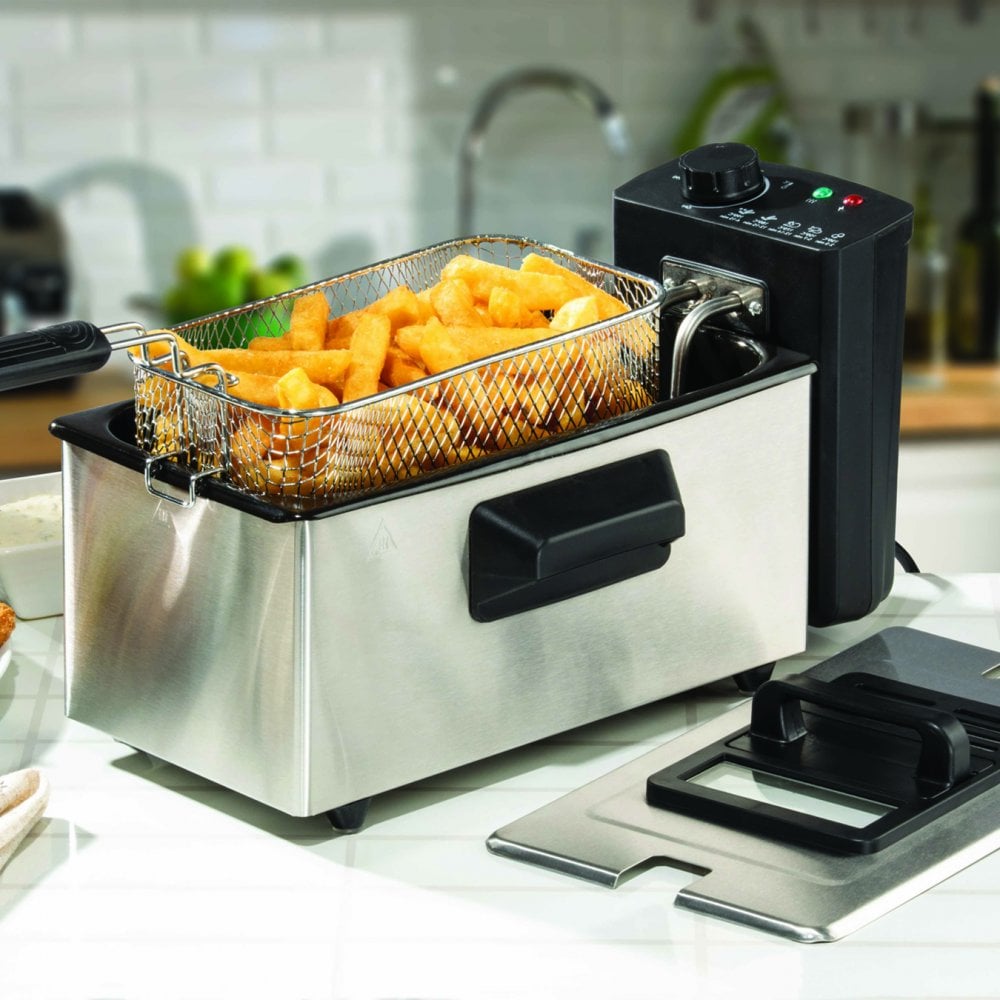 Daewoo Deep Fat Fryer Black and Silver 23cm x 40.5cm x 22cm 3Ltr SDA1550 | Temperature Control | 2000W Power | Window Lid | Stainless Steel Outer Body | Detachable Parts
