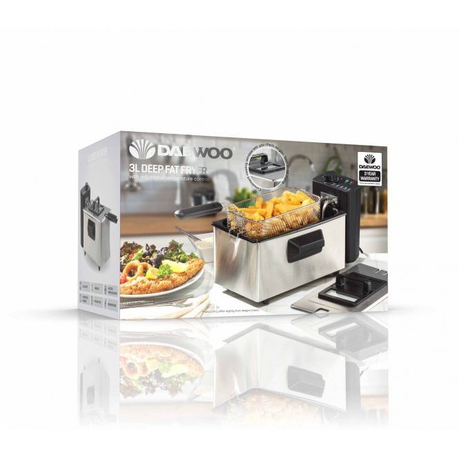 Daewoo Deep Fat Fryer Black and Silver 23cm x 40.5cm x 22cm 3Ltr SDA1550 | Temperature Control | 2000W Power | Window Lid | Stainless Steel Outer Body | Detachable Parts